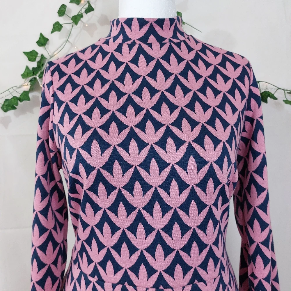 BODEN High Neck Fit&Flare Dress Pink Navy Floral Geo Size 14R Winter Autumn Chic - Picture 9 of 11